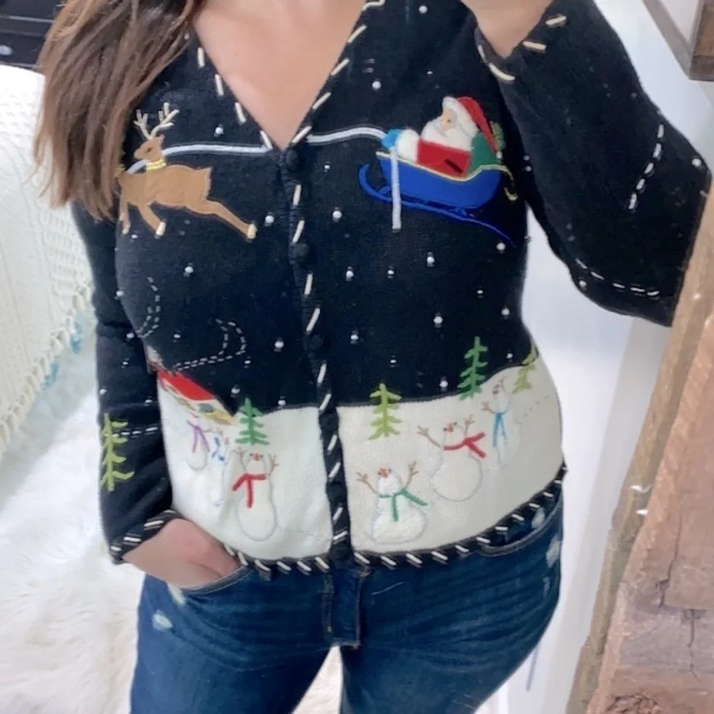 Vintage ugly cute Christmas sweater knit cardigan petite medium new with tags